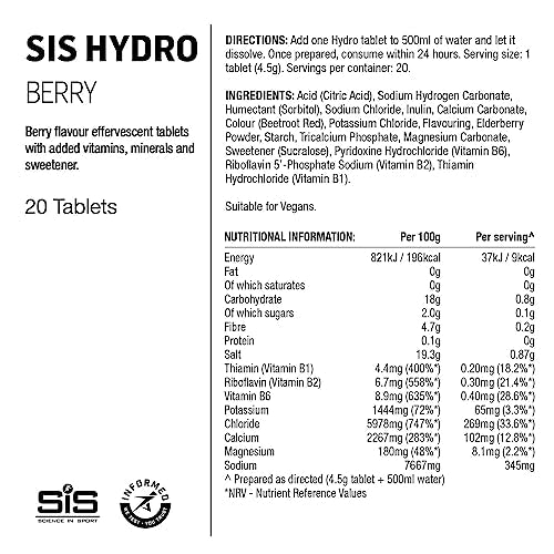 Science In Sport Hydro Hydration Tablets, Gluten-Free, Zero Sugar, Berry Flavour Plus Electrolytes, 20 Effervescent Tablets