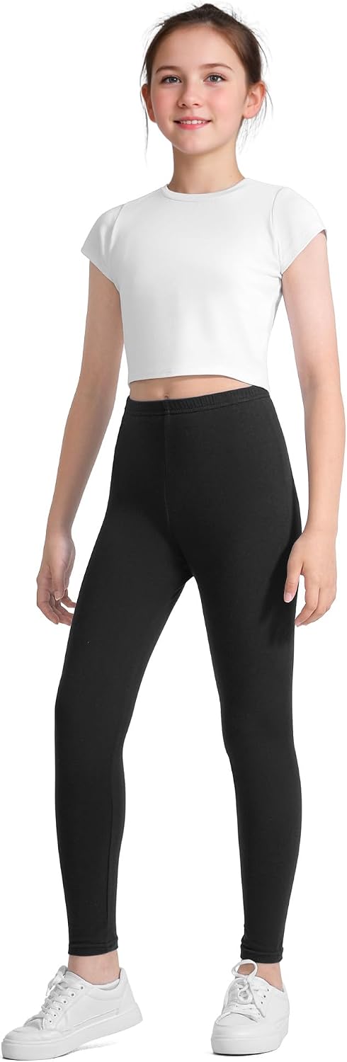 Girls full-length black leggings, elastic waistband and slim ankle-length cut