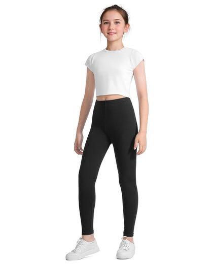 Girls full-length black leggings with smooth stretch knit and elastic waistband