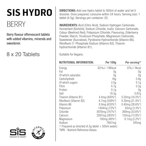 Science In Sport Hydro Hydration Tablets, Gluten-Free, Zero Sugar, Berry Flavour Plus Electrolytes, 20 Effervescent Tablets