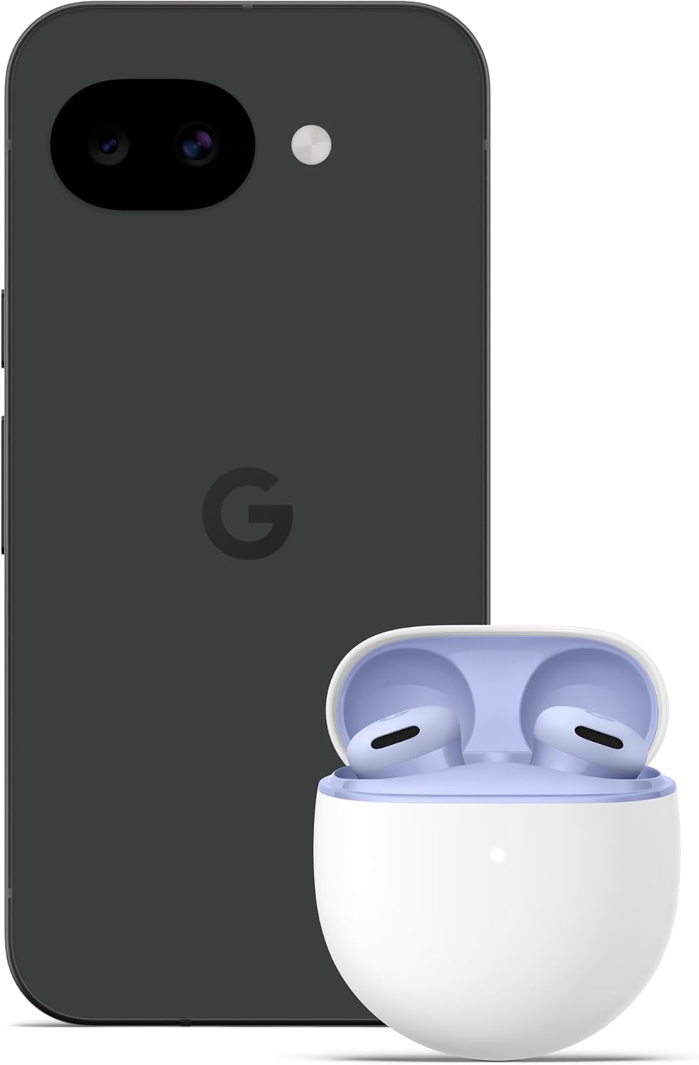 Google Pixel 10a unlocked 5G smartphone with wireless earbuds, obsidian and lavender case