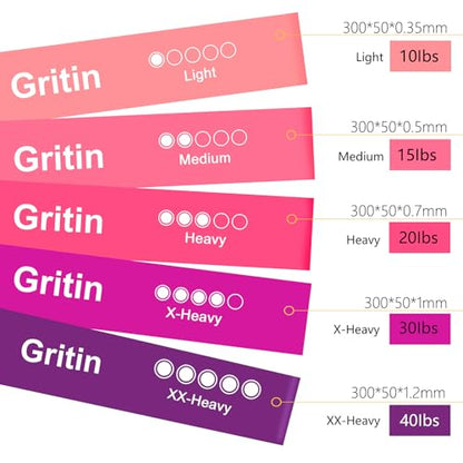 Gritin Resistance Bands, [Set of 5] Skin-Friendly Resistance Fitness Exercise Loop Bands with 5 Different Resistance Levels - Carrying Case Included - Ideal for Home, Gym, Yoga, Training