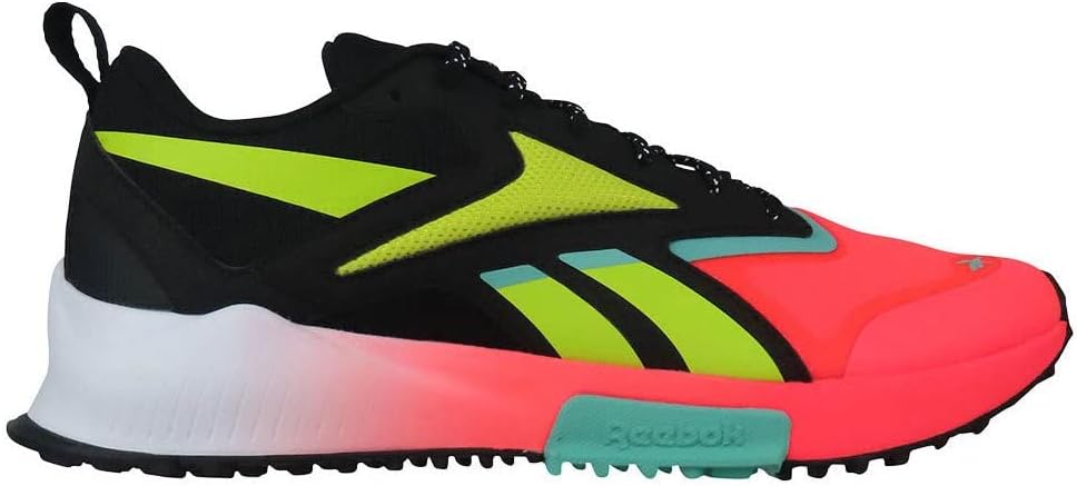Men's trail running shoe in black with red and neon green accents