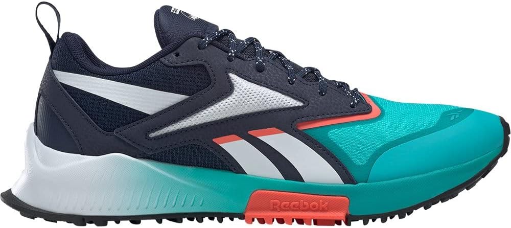 Men's trail running shoes in navy with teal accents, lace-up trail tread sole.