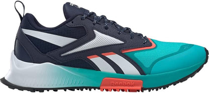 Men's trail running shoes in navy with teal accents, lace-up trail tread sole.