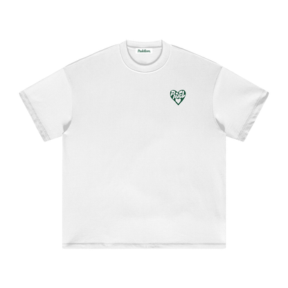 White heavyweight T-shirt, front with small chest logo, crew neck, short sleeves