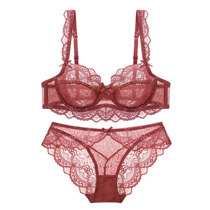 Carmine lace sheer bra and lace panty set with underwire cups and scalloped trim