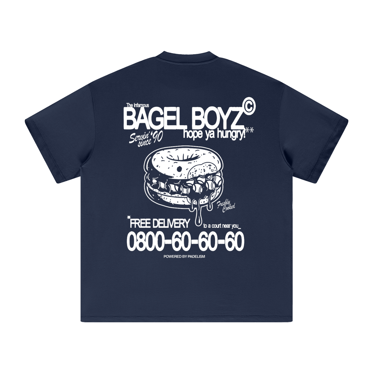 Heavyweight T-shirt in navy with Bagel Boyz back graphic and phone number