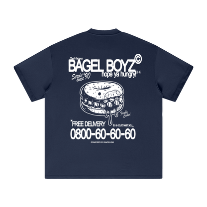 Heavyweight T-shirt in navy with Bagel Boyz back graphic and phone number