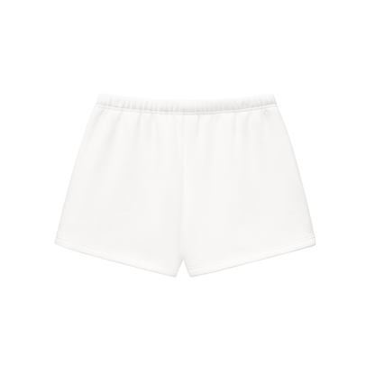 White core shorts with elastic waistband and relaxed fit, mid-thigh length