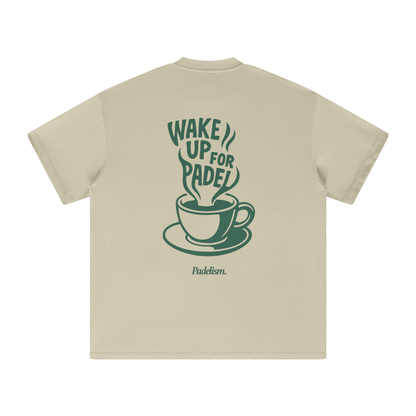 Sand-color heavyweight t-shirt, back graphic with cup and "Wake up for Padel"