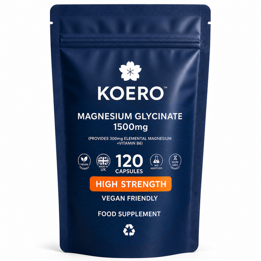 Magnesium glycinate supplement pouch, dark navy, with KOERO branding and 120 capsules