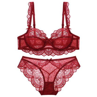 Wine red lace sheer bra and lace panty set with underwire cups and lace flutter hem
