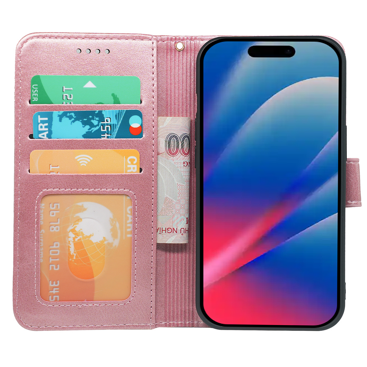 Rose pink leather-look wallet case with card slots and phone in front view.