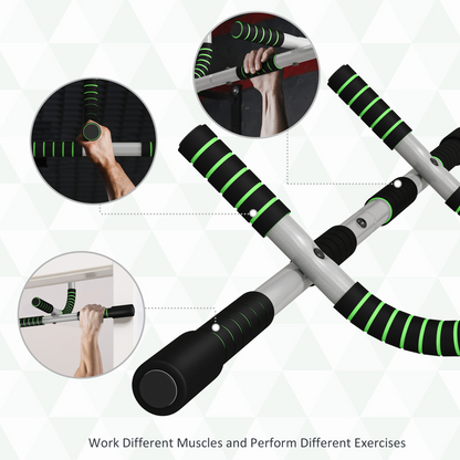 Foam-grip pull-up bar attachment with green-black striped handles and metal frame