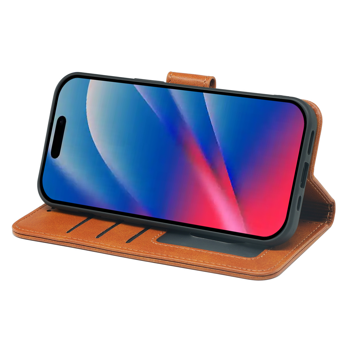 Leather-look wallet case for iPhone in tan, folio kickstand holding phone in landscape view