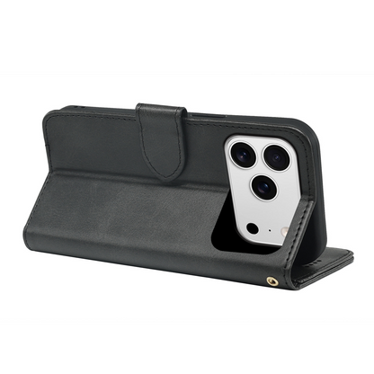 Leather-look wallet phone case in dark gray with angled stand and card holder