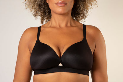 Black molded bra with thin adjustable straps and V-shaped center