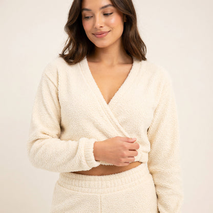 Women's teddy fleece wrap top with long sleeves in cream, V-neck front