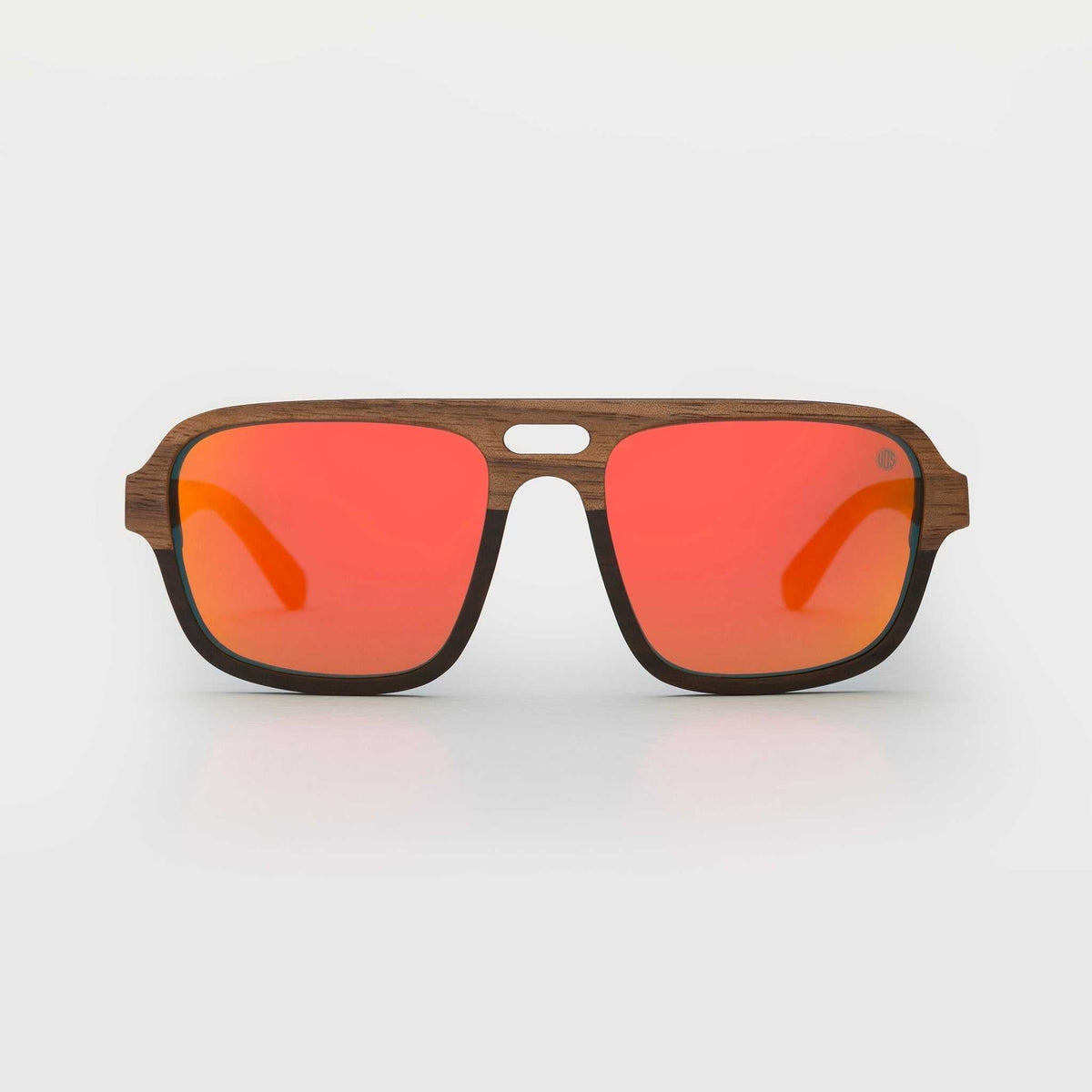 Walnut wood sunglasses with red-orange mirrored lenses and black temples