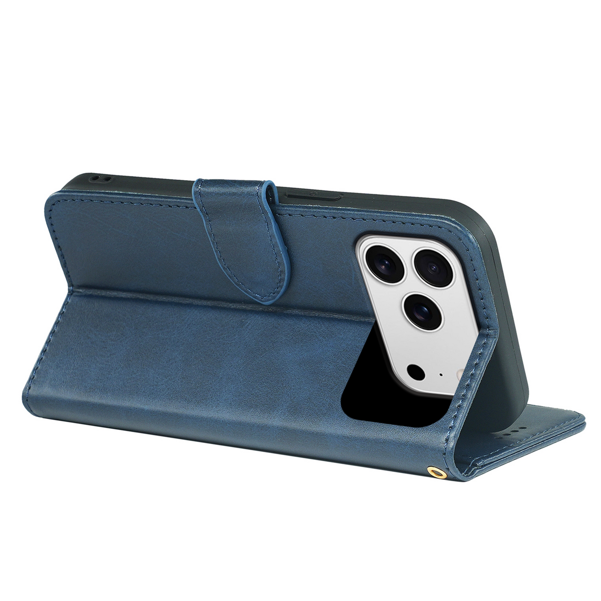 Blue leather-look wallet case with flip stand, showing camera cutout.
