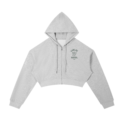 Light gray cropped zip hoodie with hood, drawstrings, and chest logo