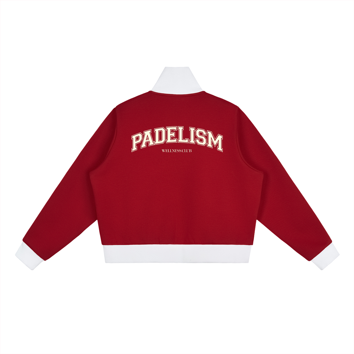 Red track jacket with white trim, back PADELISM graphic, stand collar, zip front.