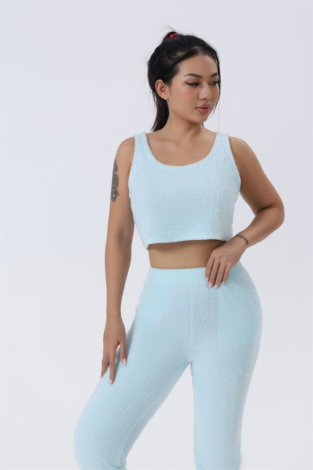 Light blue crop tank and matching lounge pants with 3-piece pajama set long cardigan