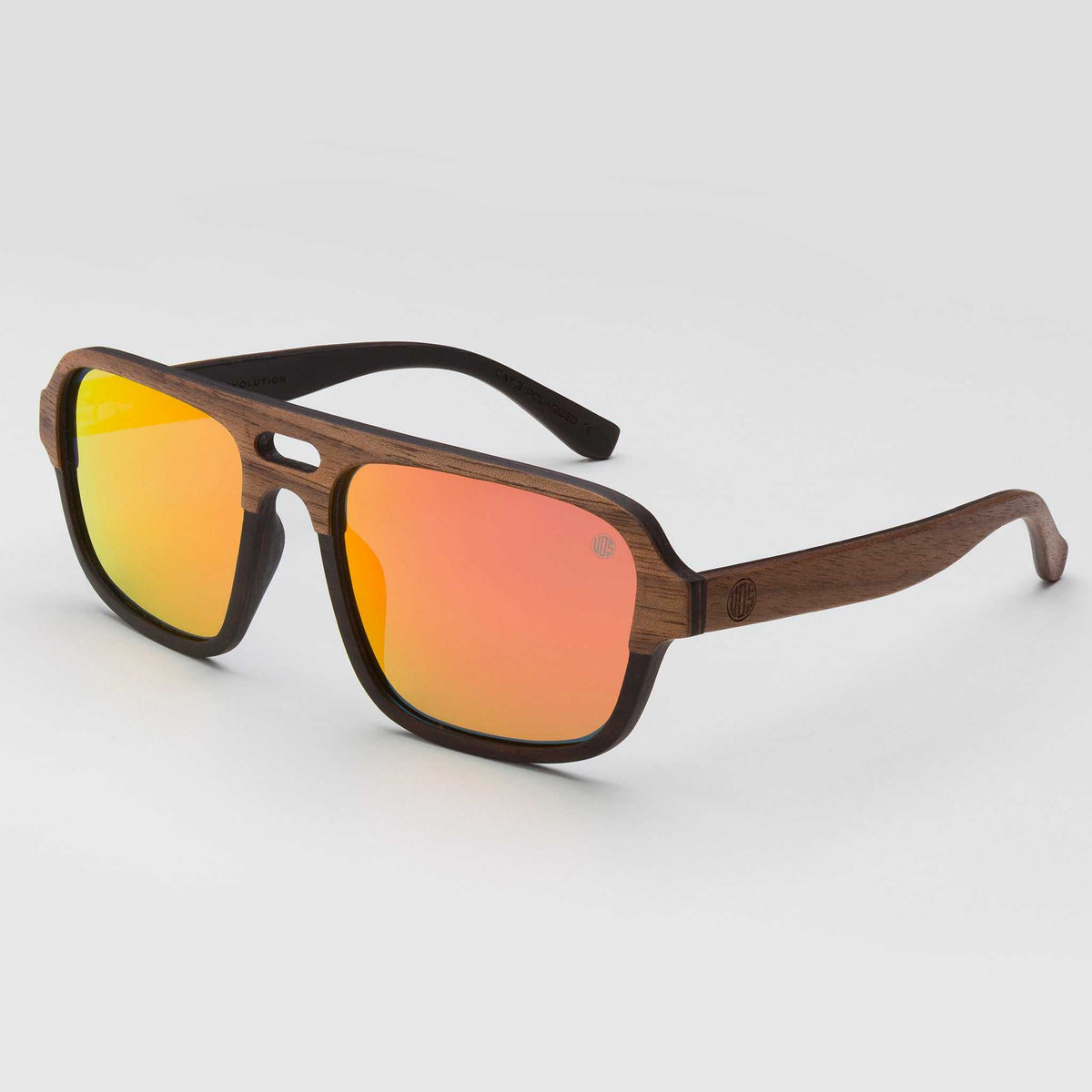 Walnut wood sunglasses with burnt orange mirrored lenses and black temples
