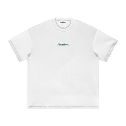 White heavyweight T-shirt with crew neck and small chest logo text, short sleeves