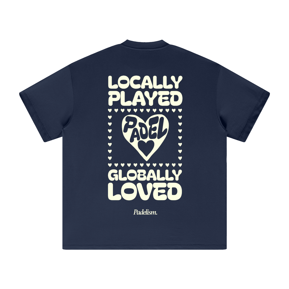Navy heavyweight T-shirt with large back graphic print and hearts