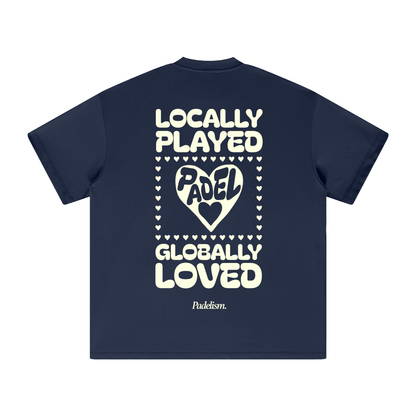 Navy heavyweight T-shirt with large back graphic print and hearts