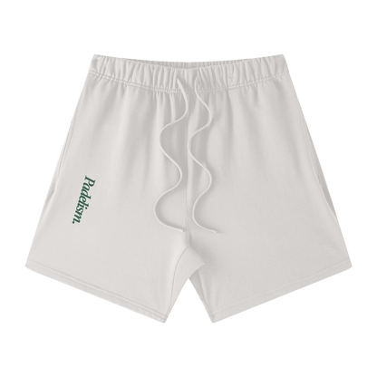 Light gray off-court shorts with elastic waistband, drawstring, and side logo patch