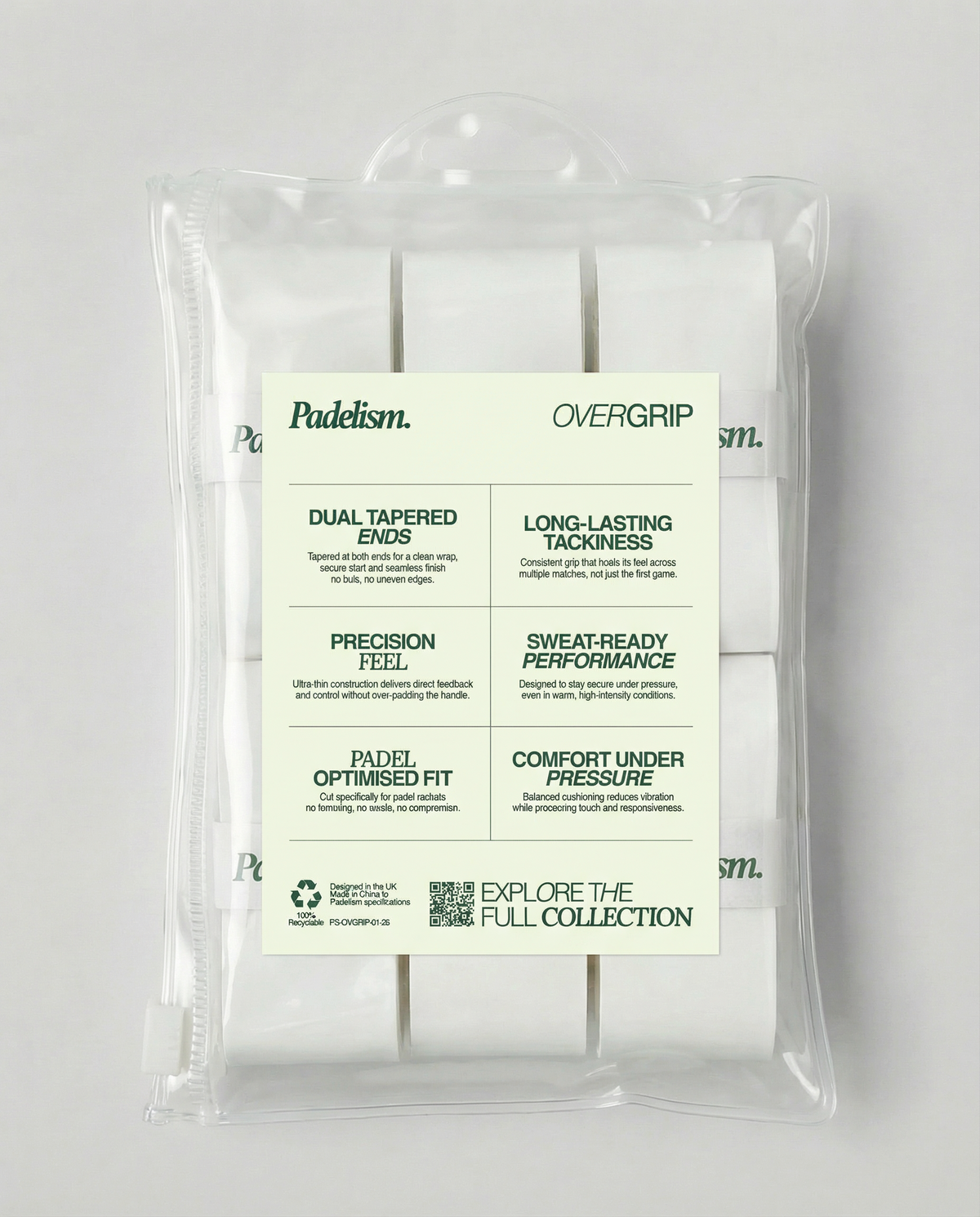 Padel overgrip tape, 6-pack grips in clear blister packaging with back info