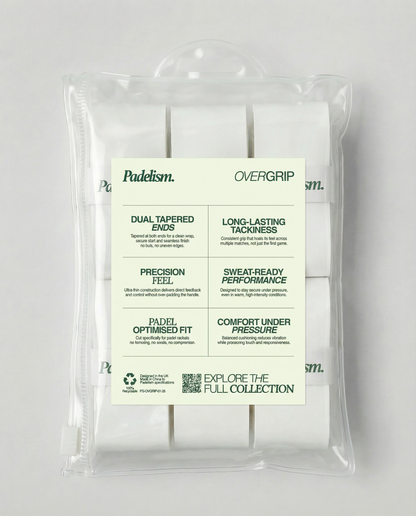 Padel overgrip tape, 6-pack grips in clear blister packaging with back info