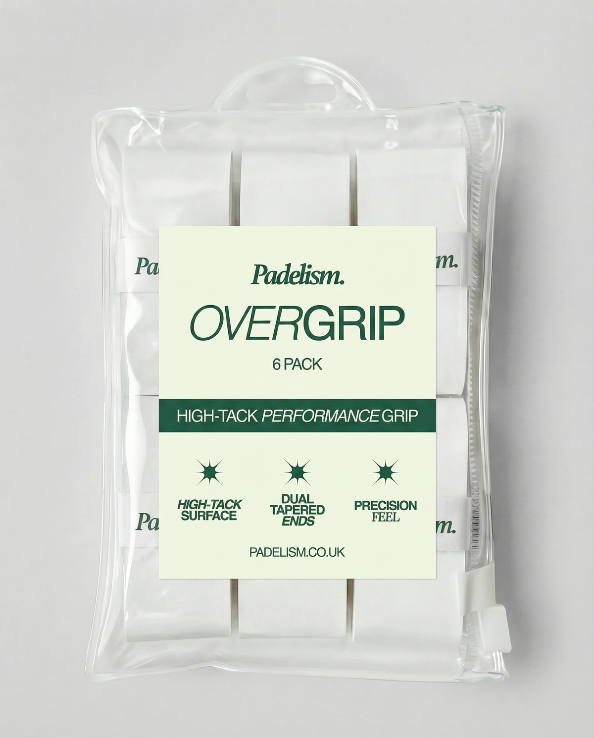 Padel overgrip tape, 6-pack grips in clear blister packaging with label