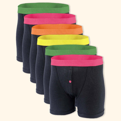 6 Pack Black Cotton Blend Boxer Shorts Mens Breathable Stretch Colorful Waistband Button Fly MB08 Durable Lightweight Activewear