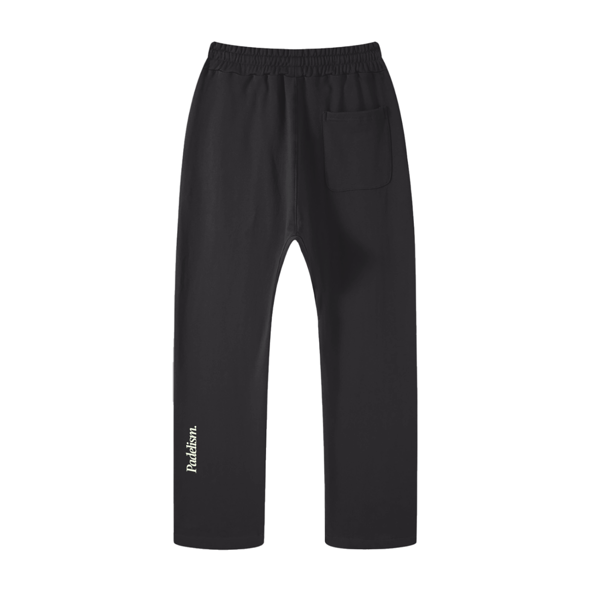 Black straight-leg pants with elastic waistband and front pocket; Padelism logo