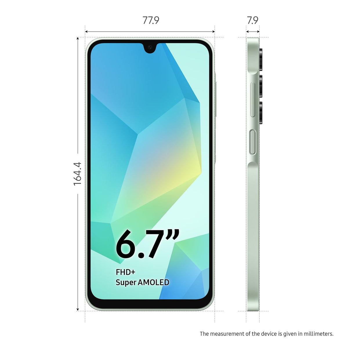 Samsung Galaxy A16 4G smartphone front with 6.7-inch screen, side profile shown