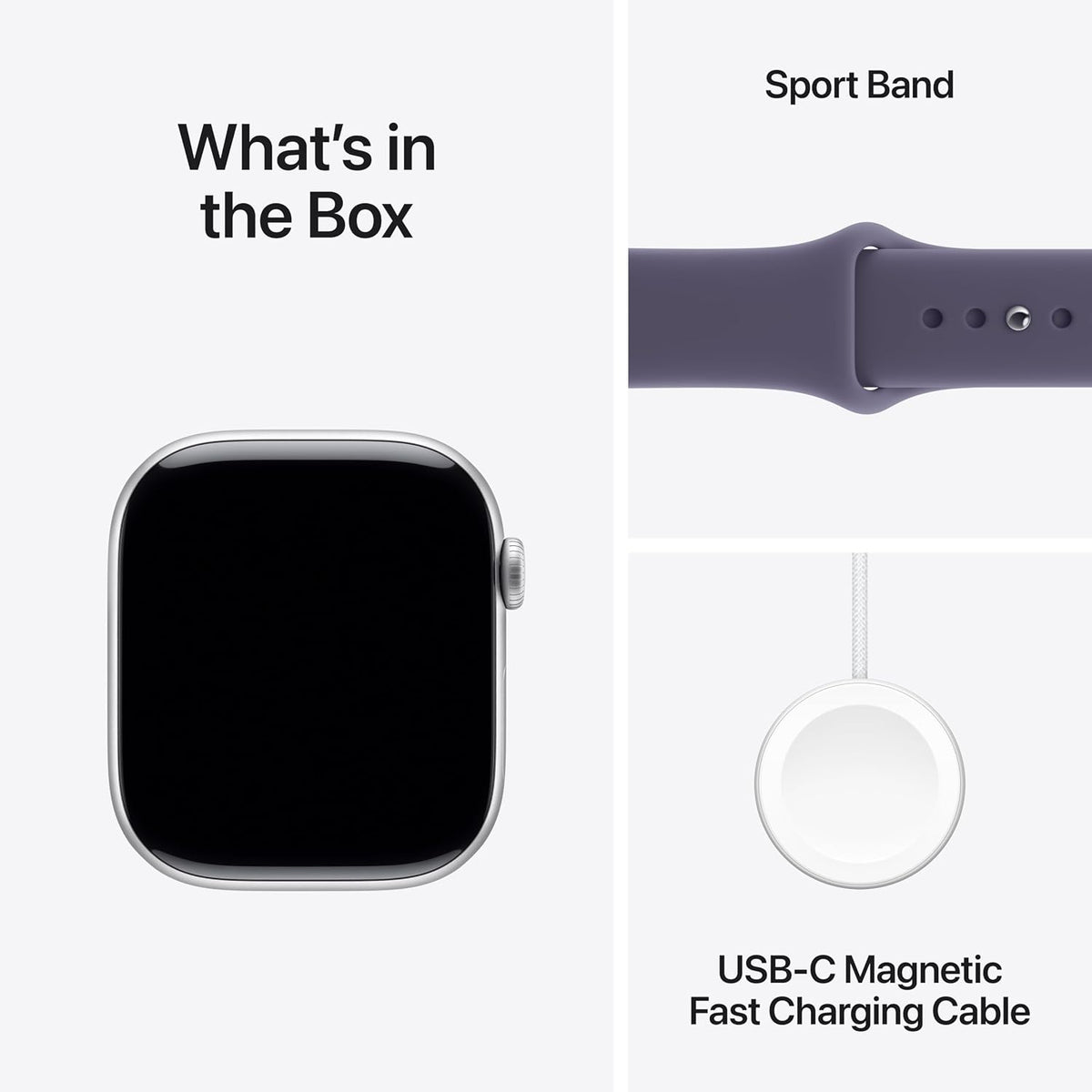 Series 11 GPS smartwatch with purple sport band and silver case, black display