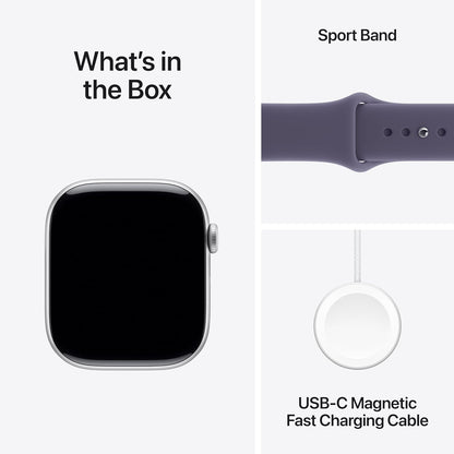 Series 11 GPS smartwatch with purple sport band and silver case, black display