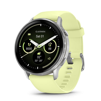 Garmin GPS fitness smartwatch with citron silicone strap and round black display