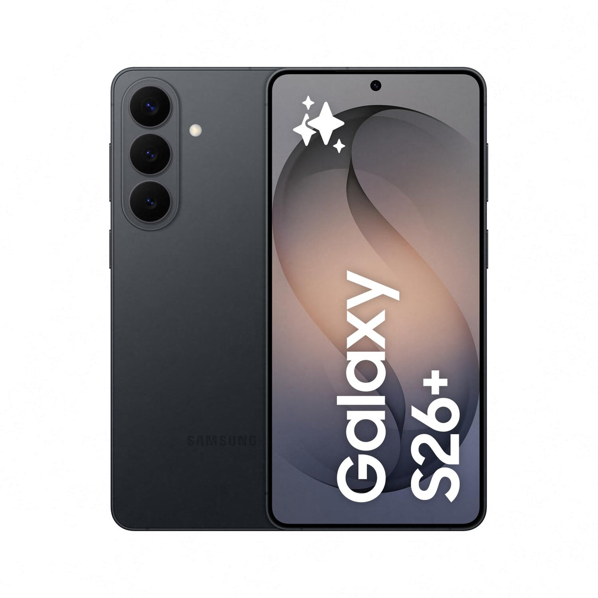 Samsung smartphone in dark gray, front display and rear triple camera