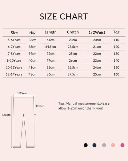 Girls leggings size chart with hip and length measurements