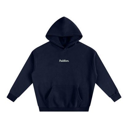 Navy box hoodie with hood, front kangaroo pocket, and small chest logo.