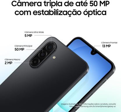 Smartphone angled showing triple rear cameras and HD Plus front display