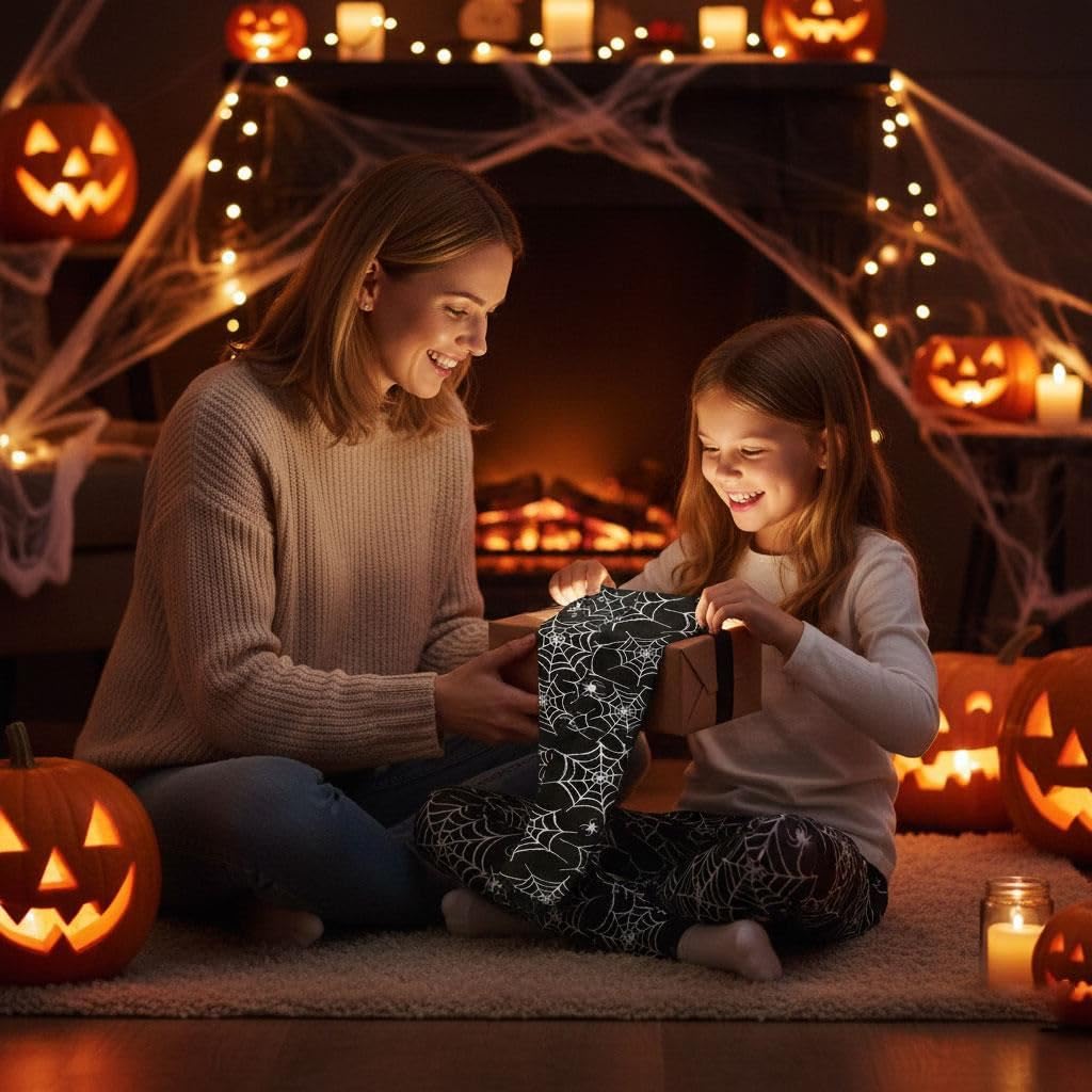 Girls Halloween leggings, black with white spiderweb and skull print, worn by child