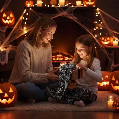 Girls Halloween leggings, black with white spiderweb and skull print, worn by child