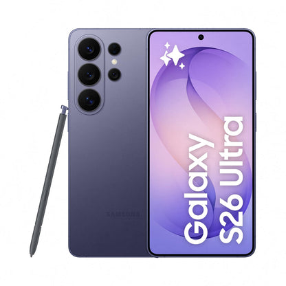 Samsung Galaxy smartphone in navy blue with triple rear cameras and front display.