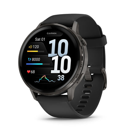 Garmin GPS fitness smartwatch with black silicone strap and round black display